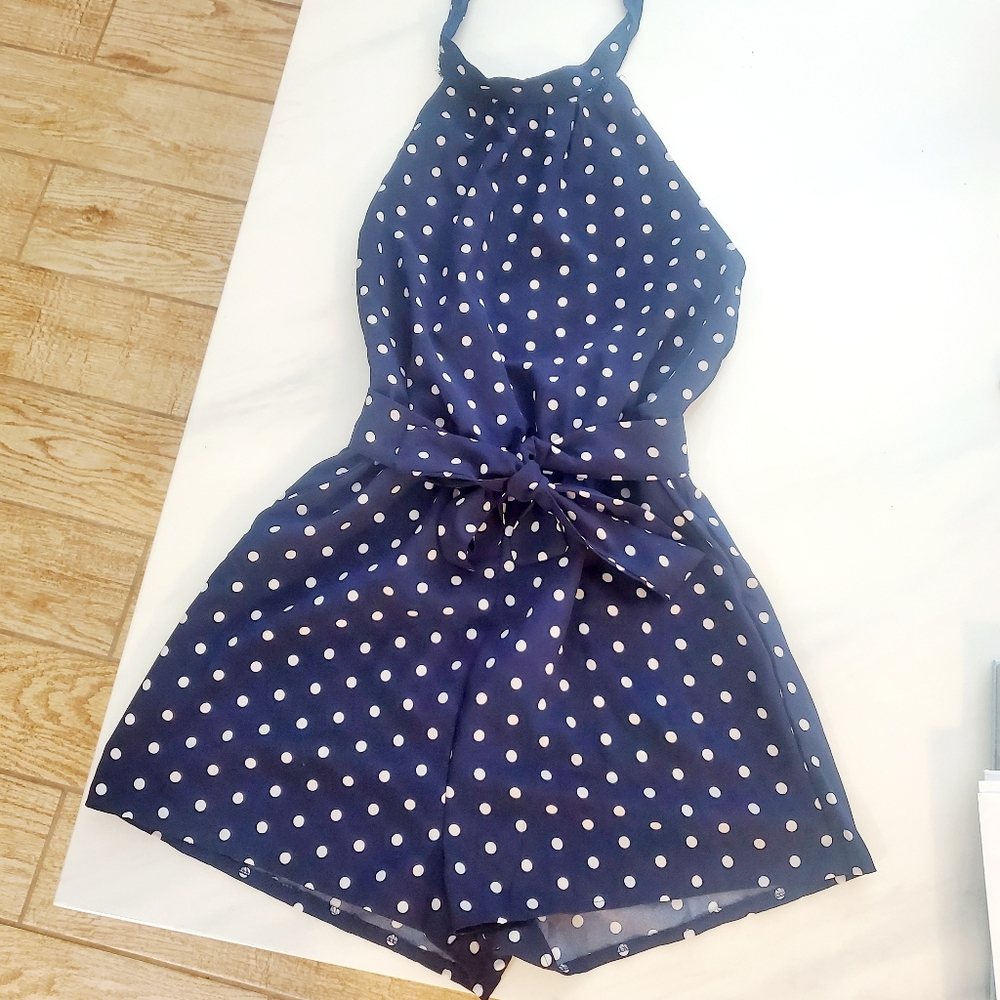 Halter neck blue/ white polka dot romper